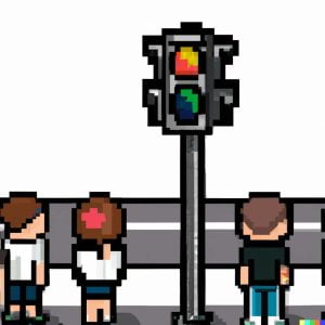 AI-generated pixel art by DALL-E image generator of people looking at a traffic light