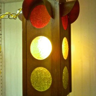 Hanging wooden traffic light swag lamp, likely from 1960s or 1970s.