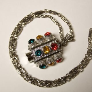 Iced bling 3-way traffic signal necklace with colored gem stones and encrusted with fake diamonds