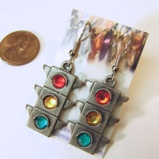 Pewter dangilng earrings with red, yellow, and green acrylic crystals