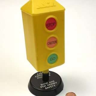 ANZ Australia and New Zealand plastic table top bank says "Bank ANZ for money safety"