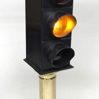 1967 Lighted Bar Traffic Light, plastic signal head and aluminum stand with eagle finial, manufactured by Elpo Industries, Inc., Fair Lawn, NJ