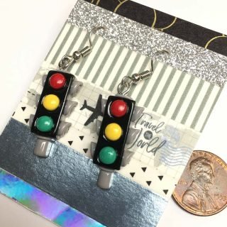 Colorful glossy resin dangle traffic light earrings, resemble 4-way signals
