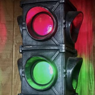 1960s/1970s 4-way red-green traffic light swag lamp resembling a Ruleta traffic light
